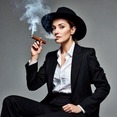 Woman smoking cigar in black suit
