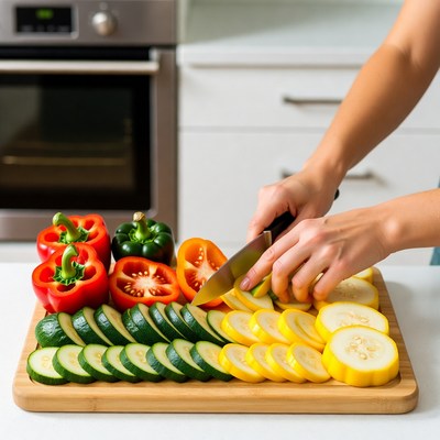 Woman slicing peppers and zucchini