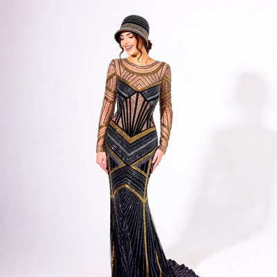 Woman in Art Deco Beaded Gown and Cloche Hat