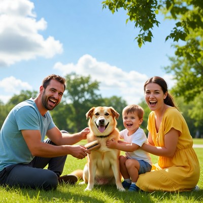 Family brushing golden retriever in park