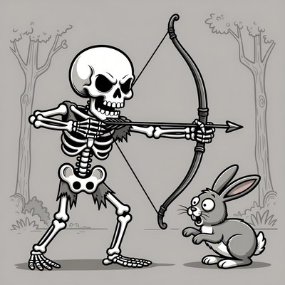 Skeleton drawing bow at scared bunny