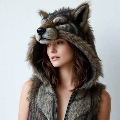 Woman wearing wolf fur hood