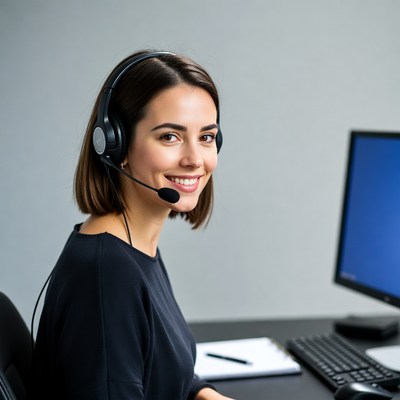 Smiling woman wearing headset at desk