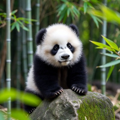 Baby panda sitting on mossy rock