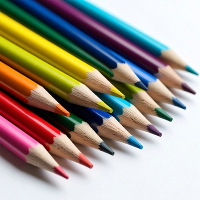 Colorful pencils arranged on white background