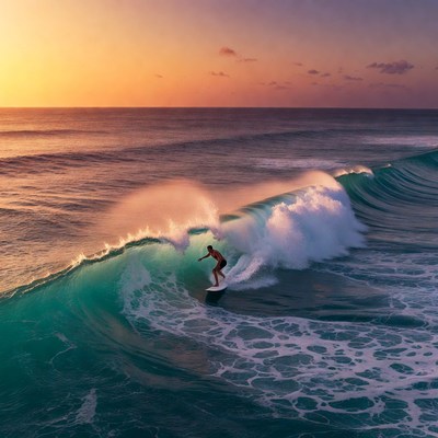 Man surfing massive ocean wave at sunset