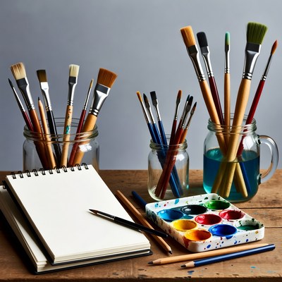 Assortment of Paintbrushes and Art Supplies