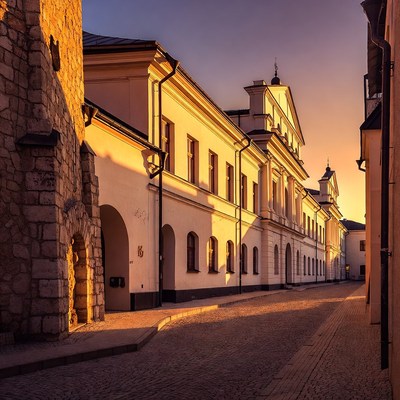 Sunset over historic cobblestone street
