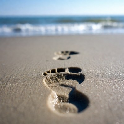 Footprints in sand by ocean