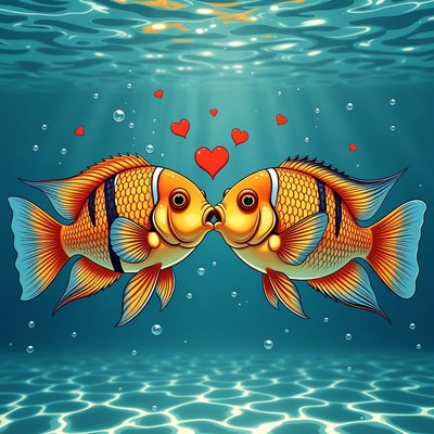 Two Clownfish Kissing Underwater