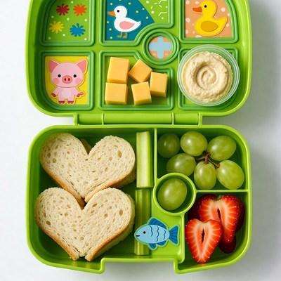 Open Green Bento Lunchbox with Heart Sandwiches