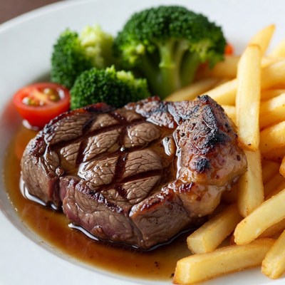 Grilled Steak with Broccoli and Fries