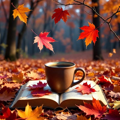 Open book and coffee cup with autumn leaves