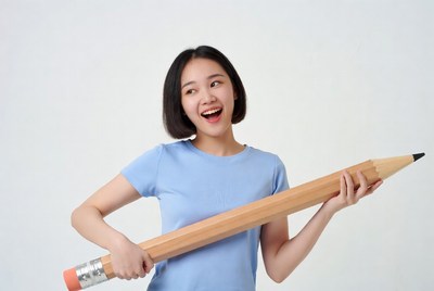 Asian girl holding giant pencil