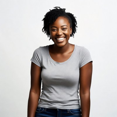 Smiling African-American woman in gray t-shirt