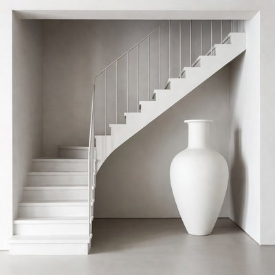 White Spiral Staircase with Large Vase