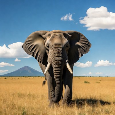 Elephant in savanna with volcano
