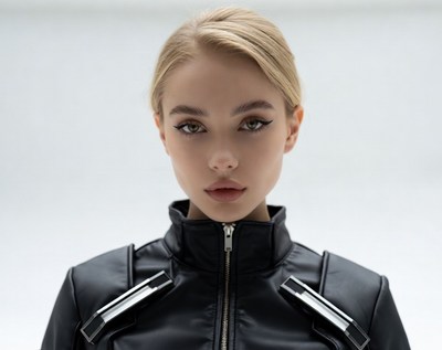 Blonde woman in black leather jacket