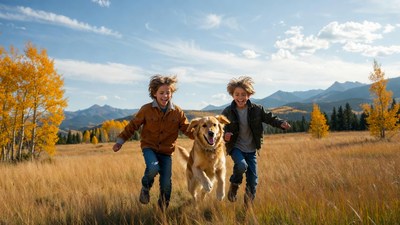 Boys running with golden retriever in autumn field