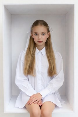 Blonde girl in white box frame