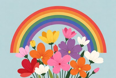 Rainbow Arch Over Colorful Flowers