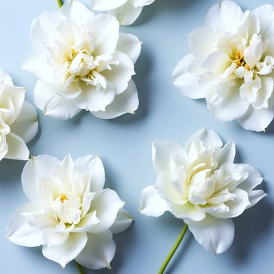 White Dahlia Flowers on Blue Background
