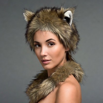 Woman wearing wolf ears headband