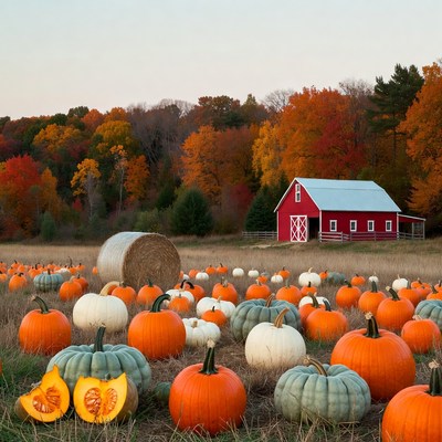 Pumpkin Patch with Red Barn