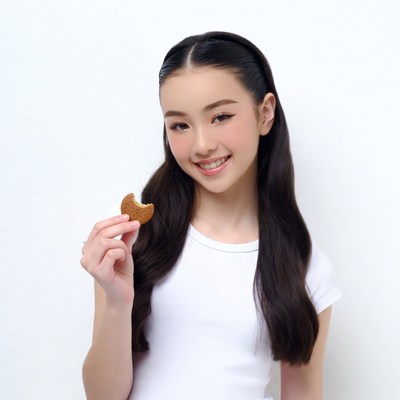 Asian girl eating cookie