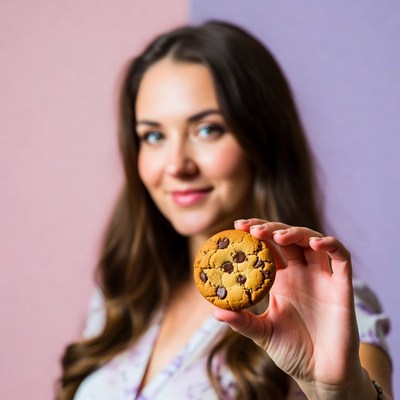 Woman holding chocolate chip cookie