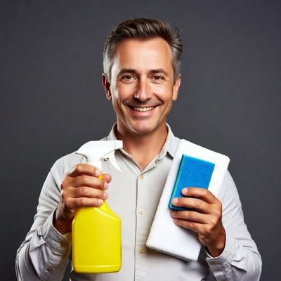 Man holding cleaning spray and sponge
