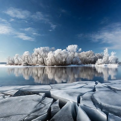 Snowy Island Trees Reflected in Icy Lake