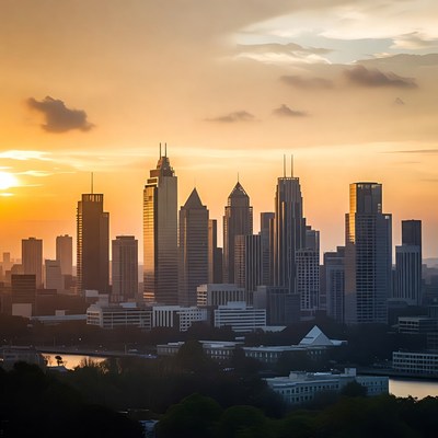 City skyline at sunset