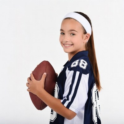 Girl holding football in jersey