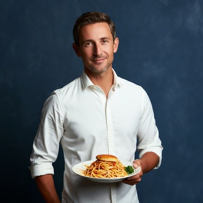 Man holding spaghetti with burger