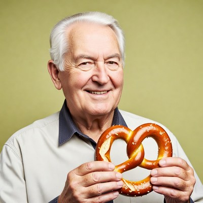 Elderly man holding pretzel
