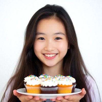 Asian girl holding cupcakes