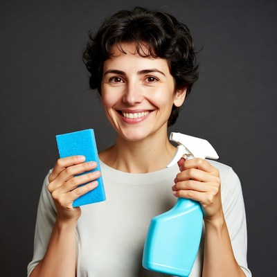 Woman holding sponge and spray bottle