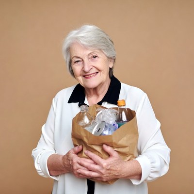 Elderly woman holding recycling bag