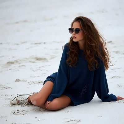 Woman in blue sweater on snowy beach