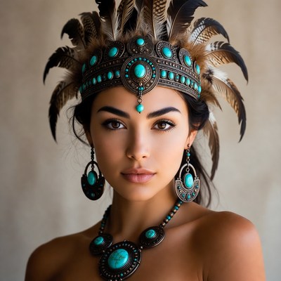 Woman wearing turquoise feather headdress