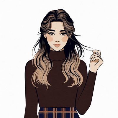 Asian woman in turtleneck and plaid skirt