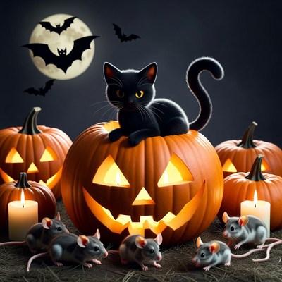 Black Kitten in Jack-o-Lantern with Rats