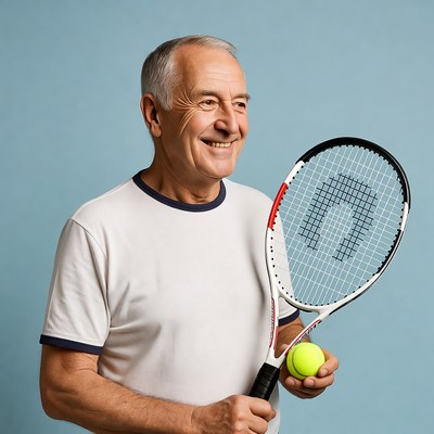 Senior man holding tennis racket and ball