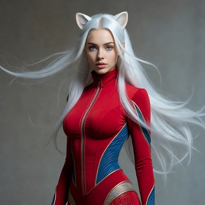 Woman in red catsuit with cat ears