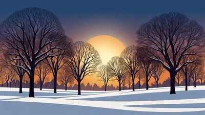 Snowy Trees Sunset Winter Illustration