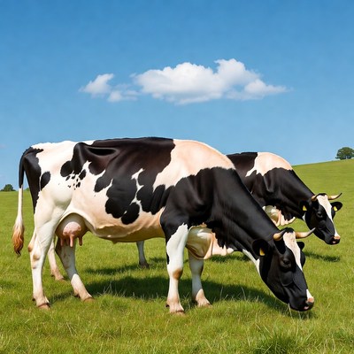 Two Holstein cows grazing in green pasture