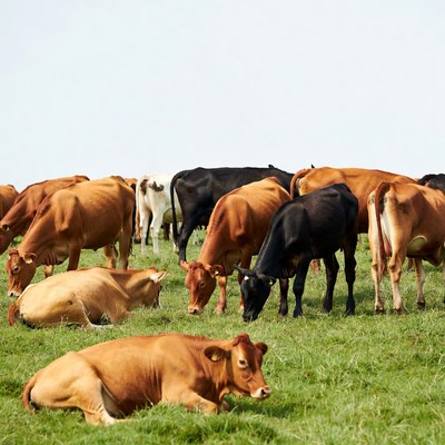 Herd of cows grazing in green field