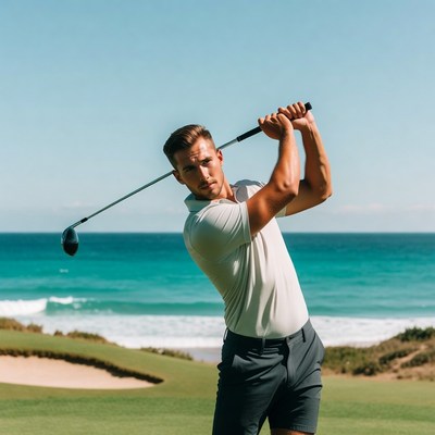 Man swinging golf club beachside