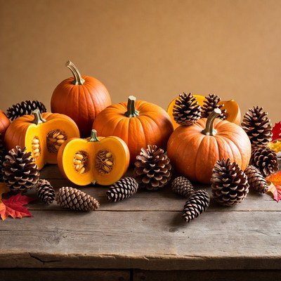 Pumpkins and Pinecones on Wooden Table